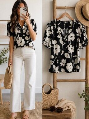 Christian Siriano New York Linen Blend Floral Peasant Blouse M